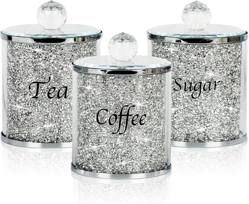 Coffee, Sugar,Tea Crystal Canister Set of 3,Sparkly Crushed Diamonds Home Decor,Silver Kitchen Storage Jars with Label and Lid,2024 Ornaments