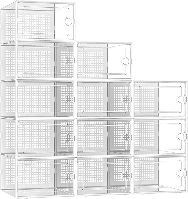 12 Pack Shoe Storage Bins, Clear Plastic Stackable Shoe Organizer for Closet, Space Saving Foldable Shoe Rack,  Sneaker Holder Container, Transparent