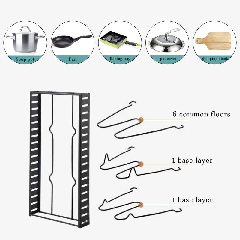 Pot Rack Organizers, 8 Tiers Pots and Pans Organizer for Kitchen Organization & Storage, Adjustable Pot Lid Holders & Pan Rack for Kitchen, Lid Organizer for Pots and Pans With 3 DIY Methods