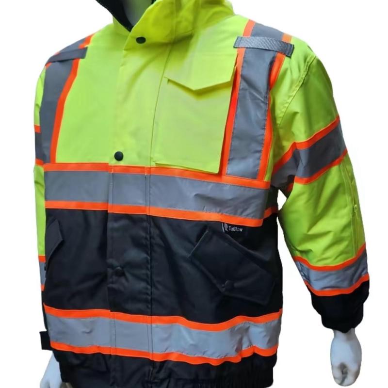 NEW High Visibility Reflective Yellow bomber safety rain jacket with sherpa insulation   water resistant bluerain jacket (see sizing information on description)