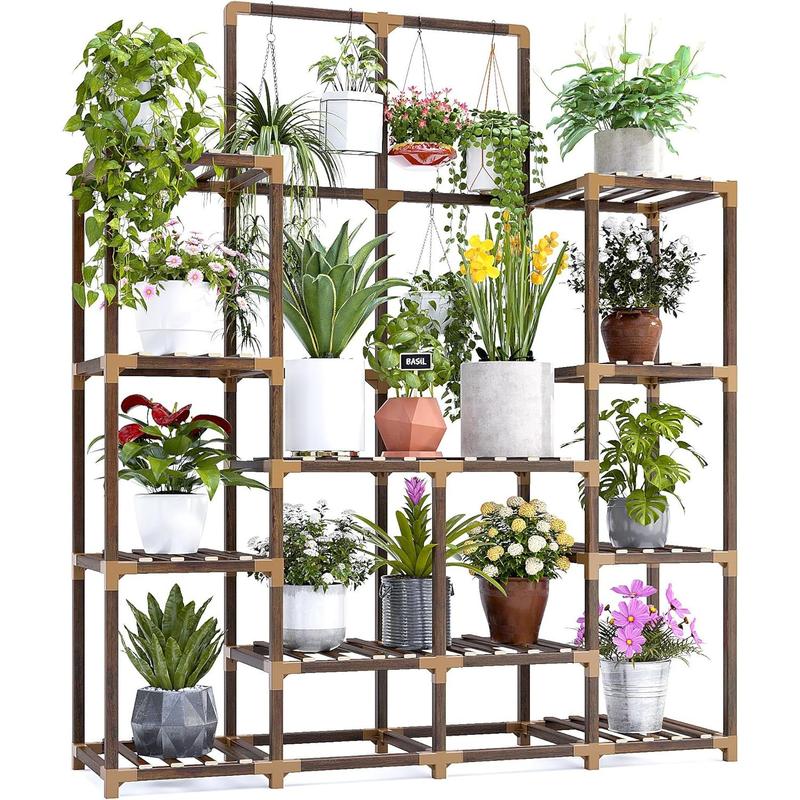 63''H Upgrade Plant Stand Indoor Tall Plant Stands Outdoor with 7 Tiers and 14 Potted Wood Plant Shelves Stand Load-Bearing 600 LBS, Multiple Plant Stand for Garden Balcony 11.8''x56''x63''