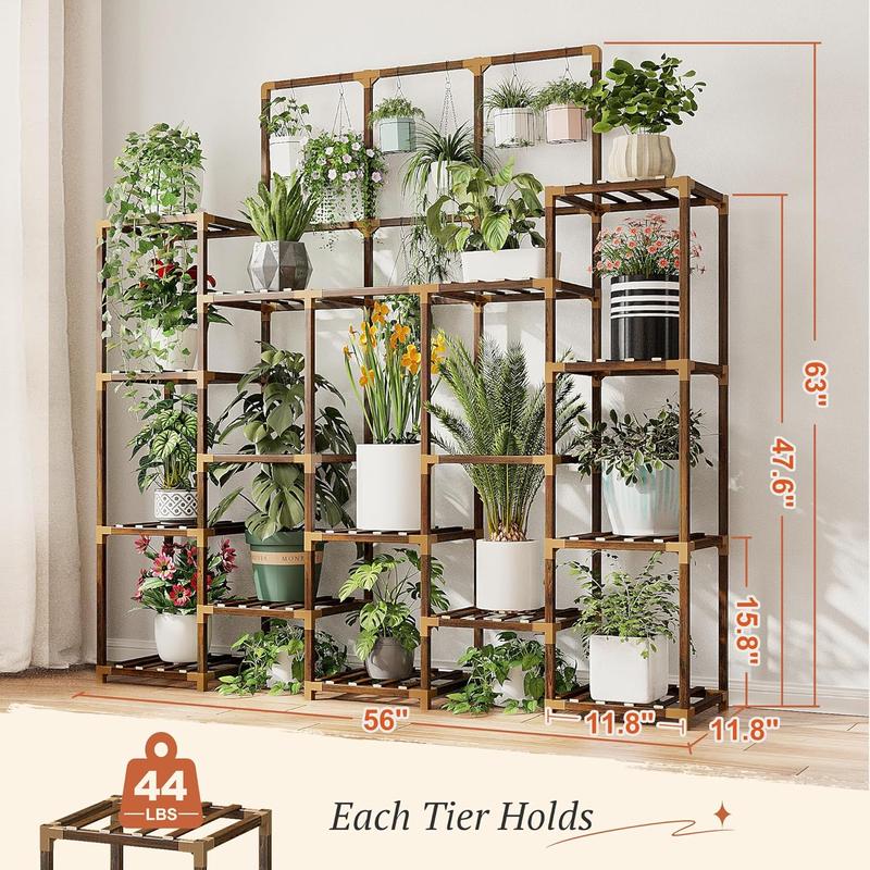 63''H Upgrade Plant Stand Indoor Tall Plant Stands Outdoor with 7 Tiers and 14 Potted Wood Plant Shelves Stand Load-Bearing 600 LBS, Multiple Plant Stand for Garden Balcony 11.8''x56''x63''