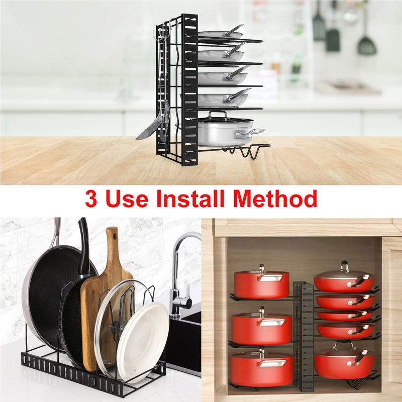 Pot Rack Organizers, 8 Tiers Pots and Pans Organizer for Kitchen Organization & Storage, Adjustable Pot Lid Holders & Pan Rack for Kitchen, Lid Organizer for Pots and Pans With 3 DIY Methods