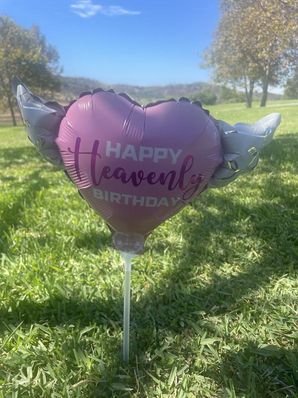 Heavenly Balloons on a stick Happy Heavenly Birthday pink purple balloon heart shaped with angel wings