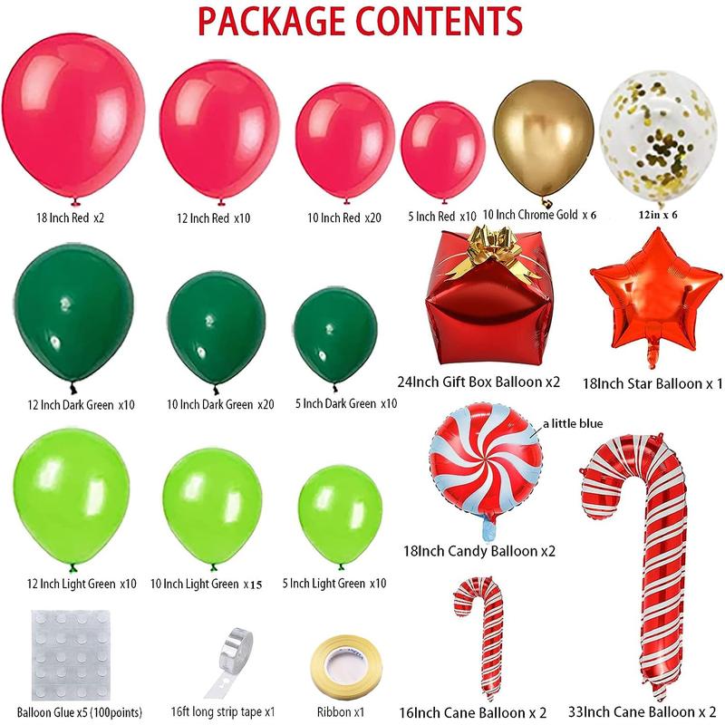 138 Pcs Christmas Balloon Garland Arch Kit, Red, Gold, Green Balloons, Candy Cane, Gift Box Foil for Xmas Party & Birthday Decorations