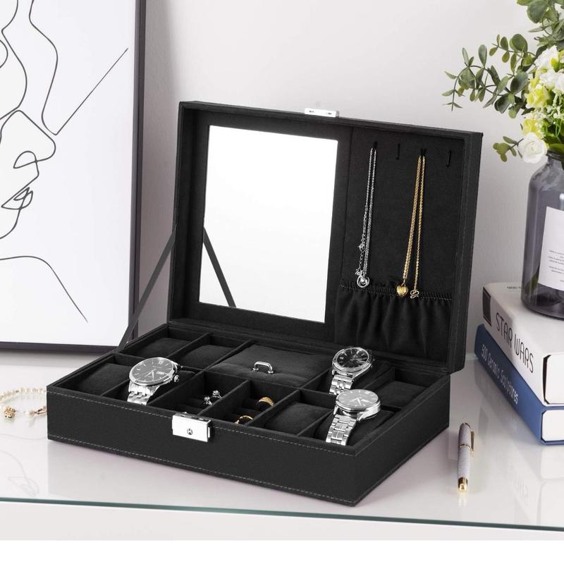 Jewelry Box Watch Box Organizer 8-Slot Storage Watch Organizer Case Jewelry Display Case Organizer with Mirror (Black)