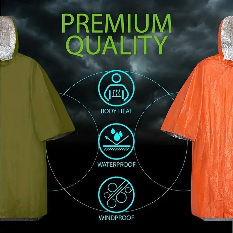 Reusable Heavy Duty Emergency Rain Poncho with Hood, Waterproof Thermal Blanket for Camping, Survival, and Emergency Kits