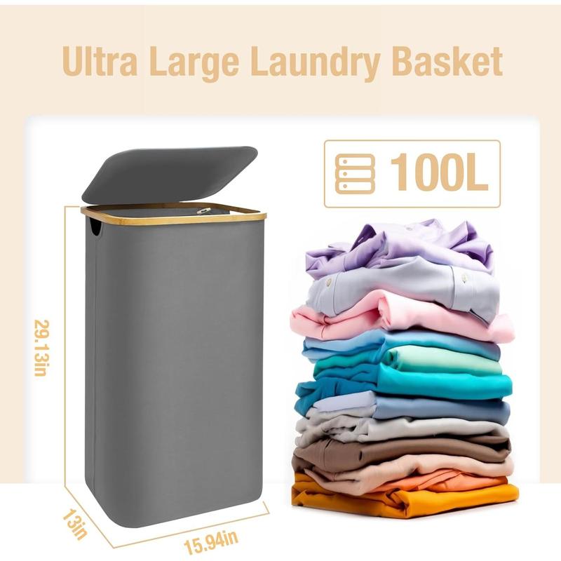 Laundry Hamper with Lid, 100L Laundry Basket for Clothes hamper, Laundry Basket with  Handle and Removable Bags, Large Foldable Dirty Clothes Hamper, Grey