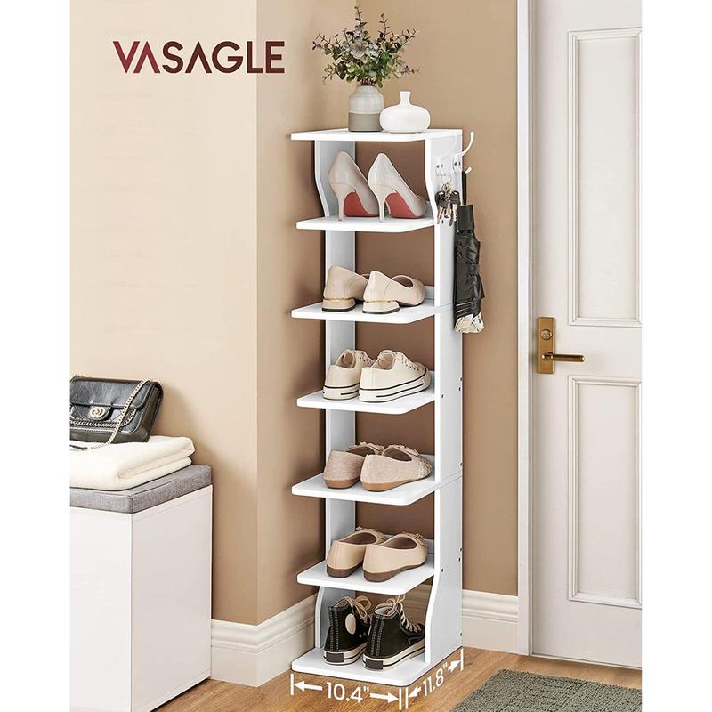 VASAGLE 7 Tier Vertical Shoe Rack, Narrow Shoe Storage Organizer with Hooks, Slim Wooden Corner Shoe Tower Rack, Robust and Durable, Space Saving for Entryway and Bedroom