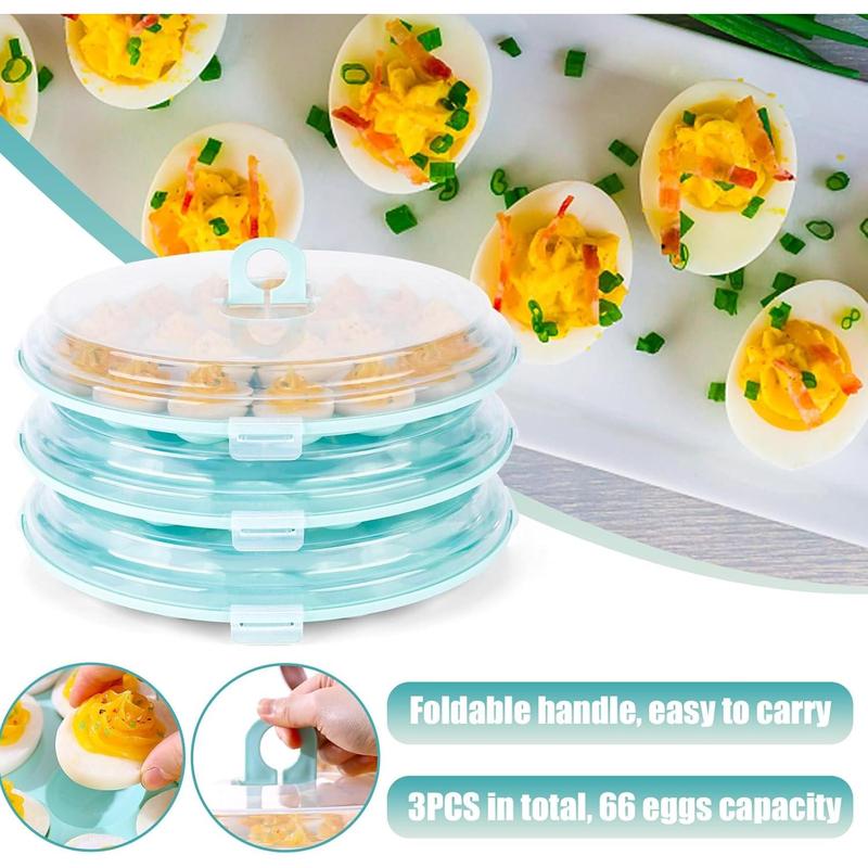 3PCS Deviled Egg Platter with Lid, 11.8in Blue Plastic Egg Keeper and Carrier with 22 Slots for Holidays Parties Home Kitchen