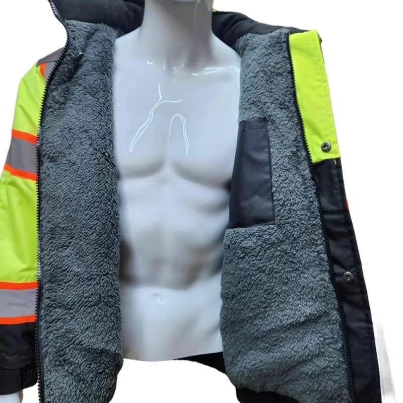 NEW High Visibility Reflective Yellow bomber safety rain jacket with sherpa insulation   water resistant bluerain jacket (see sizing information on description)