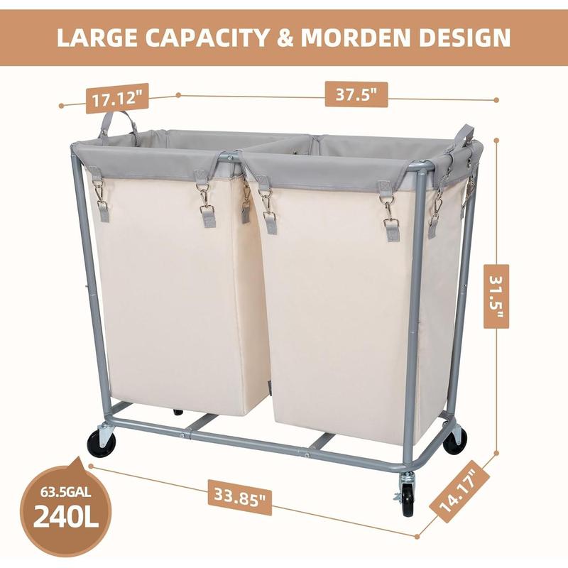 A Commercial Laundry Hamper with Heavy Duty Steel Frame, 240 L Industrial Laundry Basket Cart with Wheels for Hotel, Home, Laundry Room, 37.5''L x 17.1''W x 31.8''H, 2 Section Beige