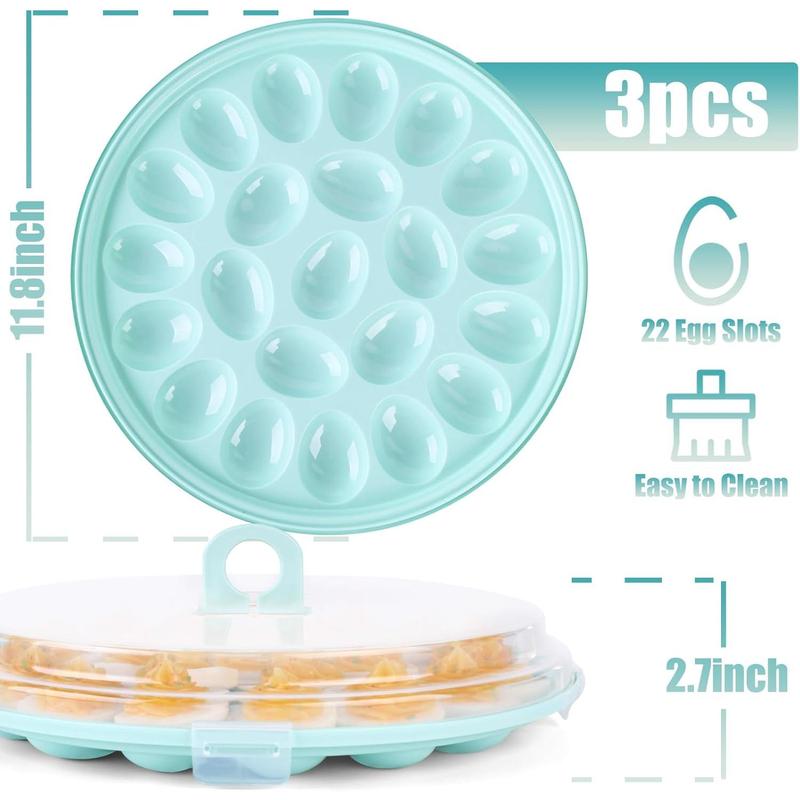 3PCS Deviled Egg Platter with Lid, 11.8in Blue Plastic Egg Keeper and Carrier with 22 Slots for Holidays Parties Home Kitchen