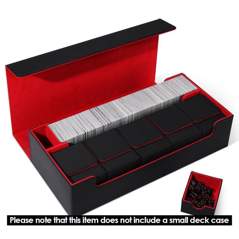 Premium Trading Card Storage Box TCG Deck Case Holds 800+ Sleeved Cards for , YuGiOh, Uno, TCG, Pokemon Cards, Sport Cards with Mat Case and Strong Magnet Closure (Black & Red) Leather Organiser