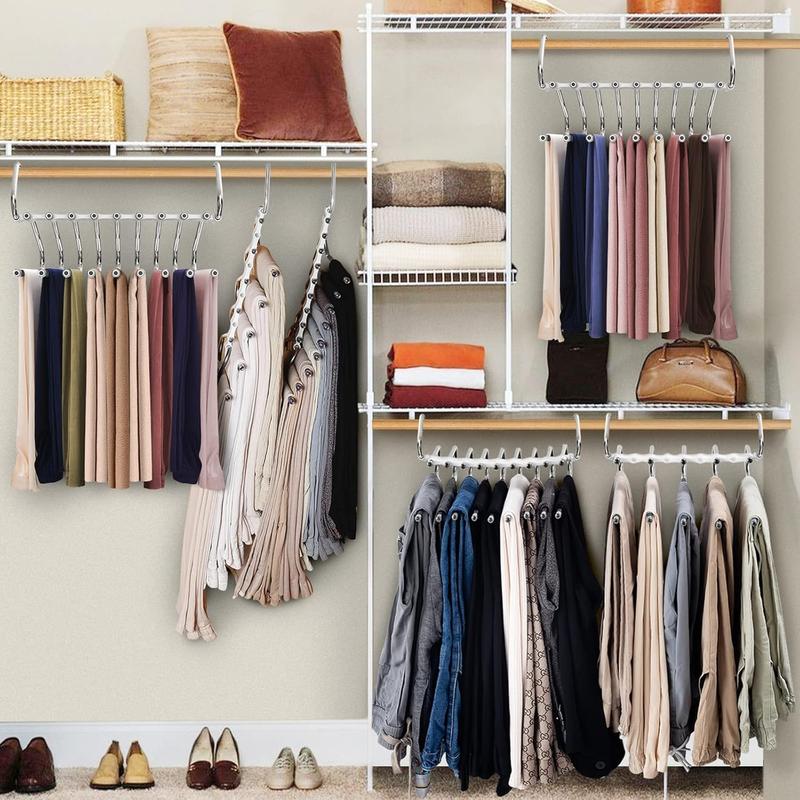 Upgrade 9 Layers Pants Hangers Space Saving, 2 Pack Multifunctional Pants Rack Non Slip Stainless Steel Clothes Space Saver Hangers Closet Organizers Storage for Pants Jeans Leggings, Antiquewhite