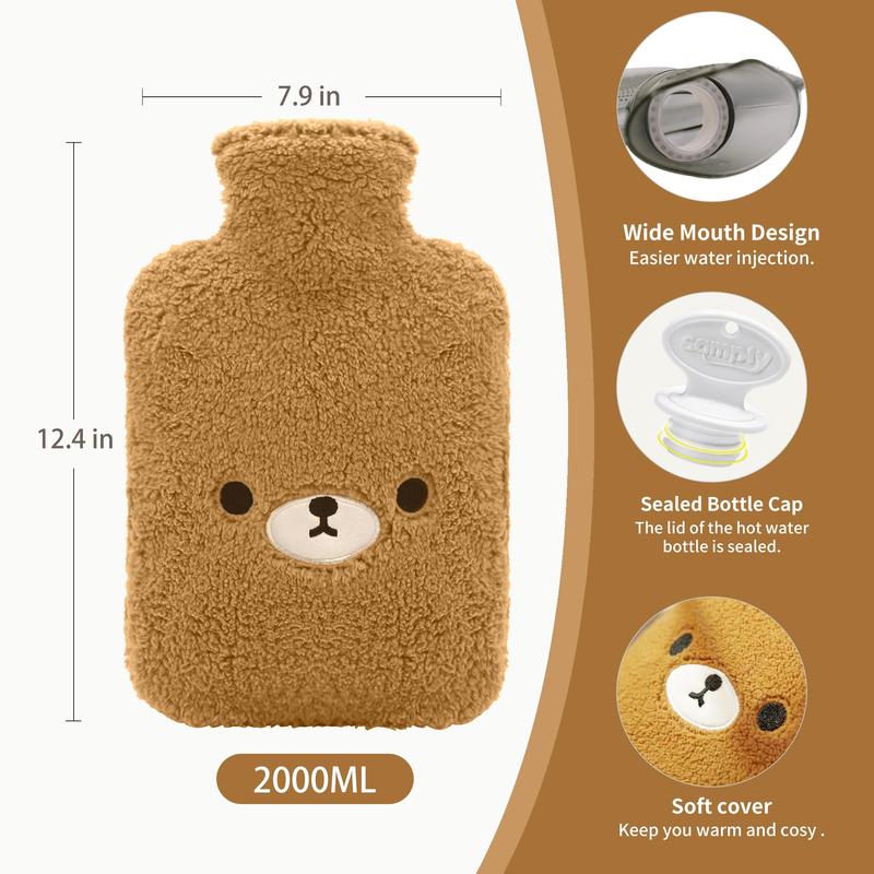 Hot Water Bottle with Cute Fleece Cover, 2Liter Water Bag for Hot and Cold Compress, Hand Feet Warmer, Neck and Shoulder Pain Relief, Grey Bear