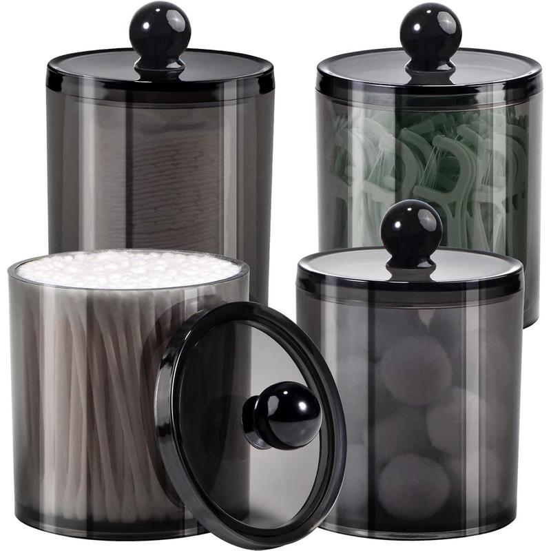 4 Pack Plastic Acrylic Bathroom Vanity Countertop Canister Jars with Storage Lid, Apothecary Jars Qtip Holder Makeup Organizer for Cotton Balls,Swabs,Pads,Bath Salts (Black, 12 Oz) Bottles Tin