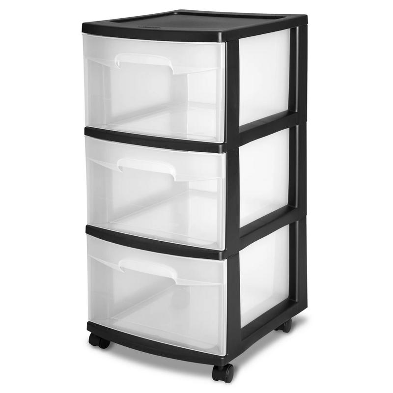 3 Drawer Plastic Cart, Black with Clear Drawers, Adult Household Kitchen