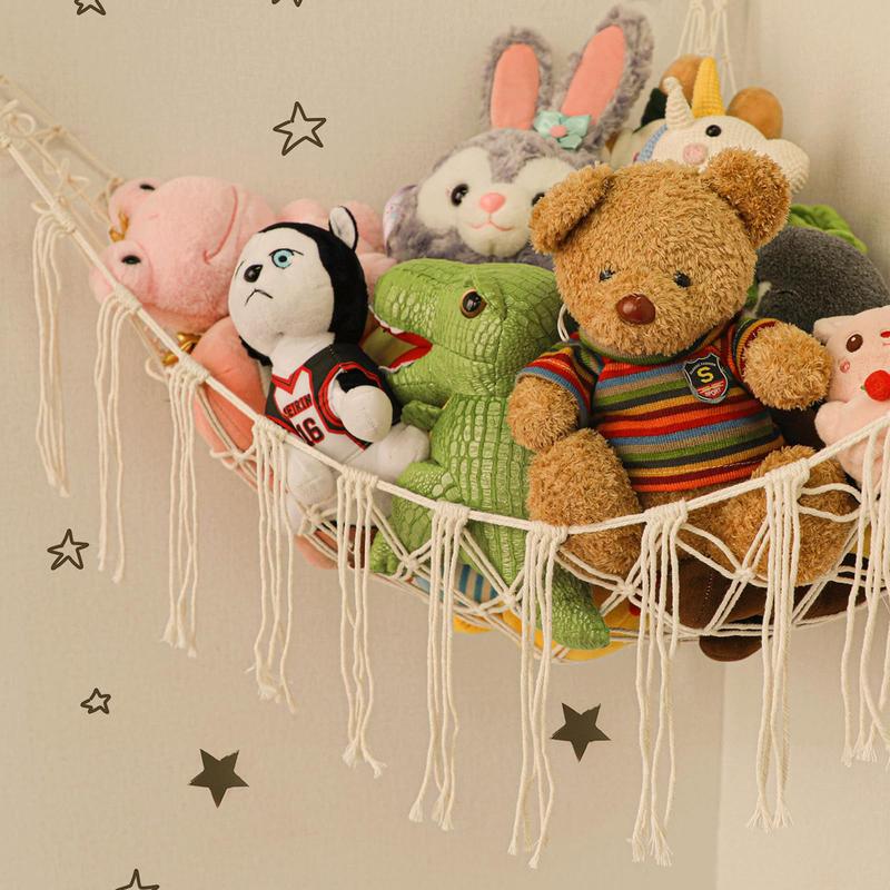 Boho Stuffed Animals Net or Hammock Large,55 inch Toy Hammock Macrame Stuff Animal Storage Corner Hanging Net Holder,Mesh Hammock Plush Toy Organizer with Hooks for Bedroom,Nursery