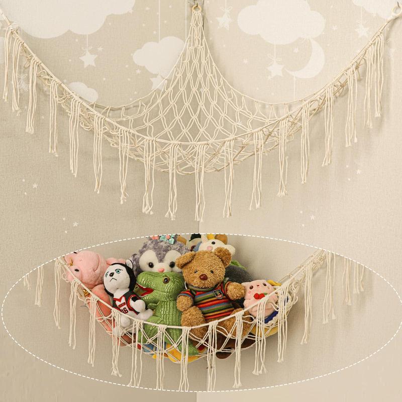 Boho Stuffed Animals Net or Hammock Large,55 inch Toy Hammock Macrame Stuff Animal Storage Corner Hanging Net Holder,Mesh Hammock Plush Toy Organizer with Hooks for Bedroom,Nursery