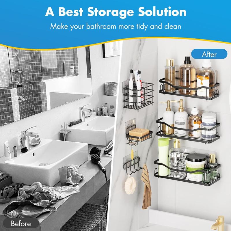 6 Pack Shower Caddy Shelf Bathroom Shower Organizer Rack No Drilling Multifunctional Organizer,Self Adhesive Black Bathroom Shelves Basket For Holding Shampoo Soap Bathroom Toilet