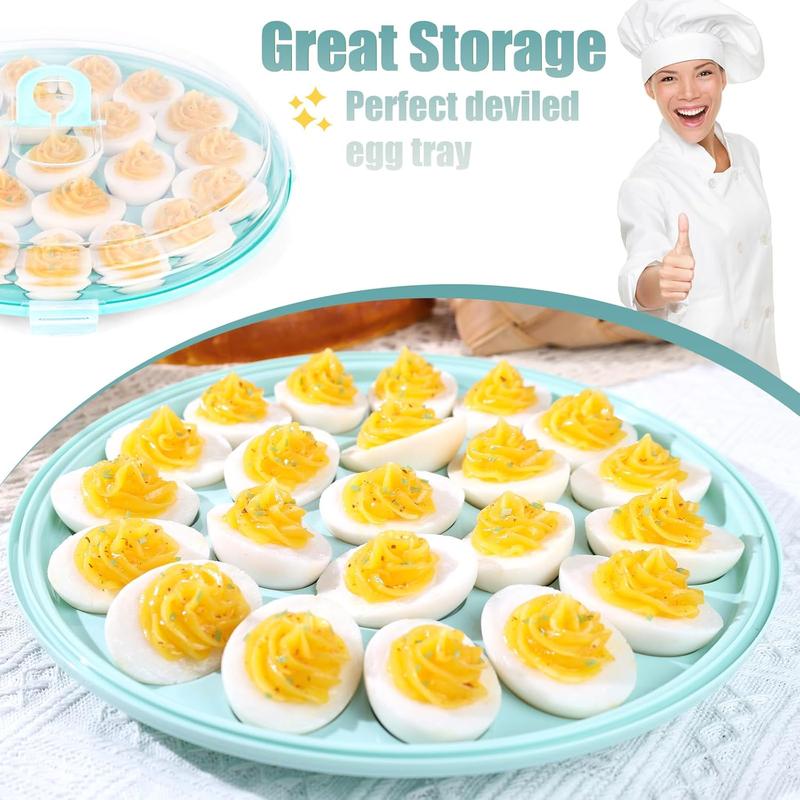 3PCS Deviled Egg Platter with Lid, 11.8in Blue Plastic Egg Keeper and Carrier with 22 Slots for Holidays Parties Home Kitchen