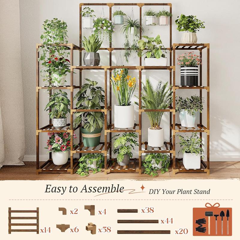 63''H Upgrade Plant Stand Indoor Tall Plant Stands Outdoor with 7 Tiers and 14 Potted Wood Plant Shelves Stand Load-Bearing 600 LBS, Multiple Plant Stand for Garden Balcony 11.8''x56''x63''