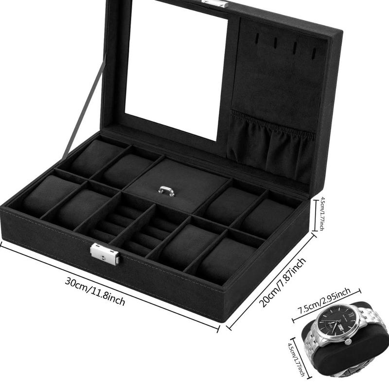 Jewelry Box Watch Box Organizer 8-Slot Storage Watch Organizer Case Jewelry Display Case Organizer with Mirror (Black)