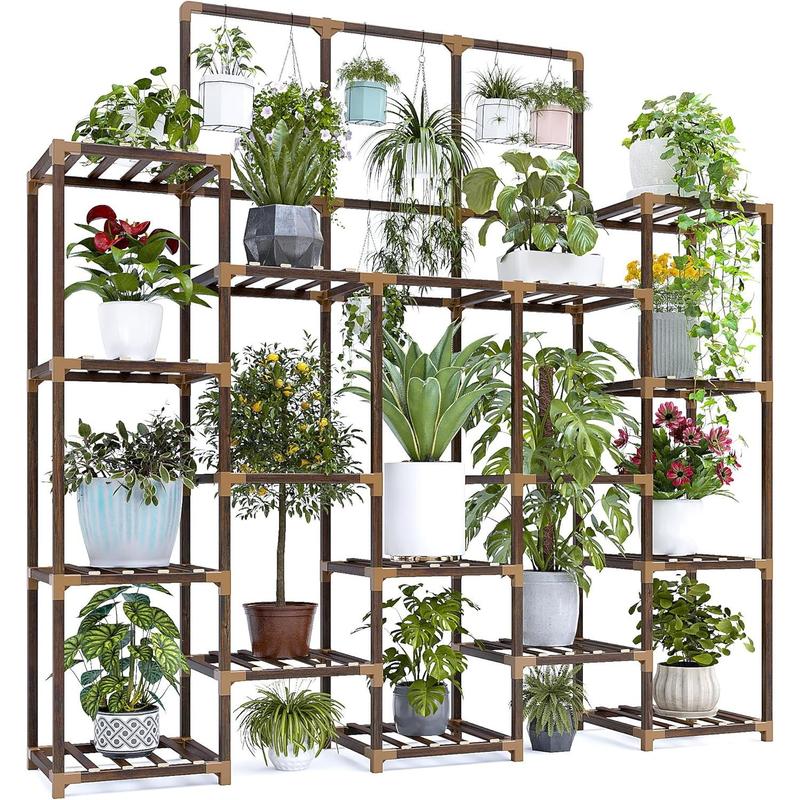 63''H Upgrade Plant Stand Indoor Tall Plant Stands Outdoor with 7 Tiers and 14 Potted Wood Plant Shelves Stand Load-Bearing 600 LBS, Multiple Plant Stand for Garden Balcony 11.8''x56''x63''