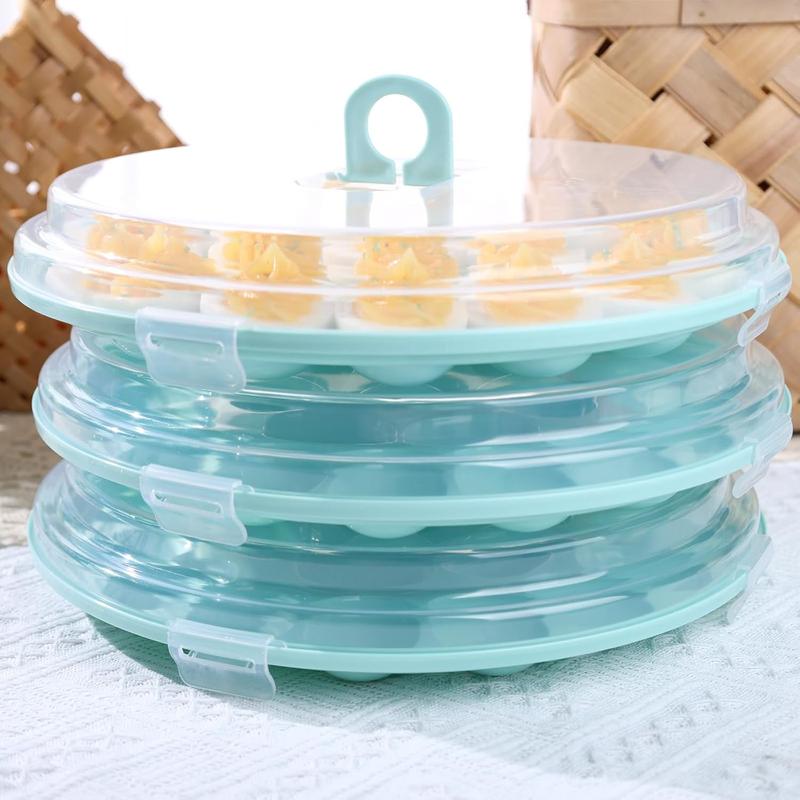 3PCS Deviled Egg Platter with Lid, 11.8in Blue Plastic Egg Keeper and Carrier with 22 Slots for Holidays Parties Home Kitchen