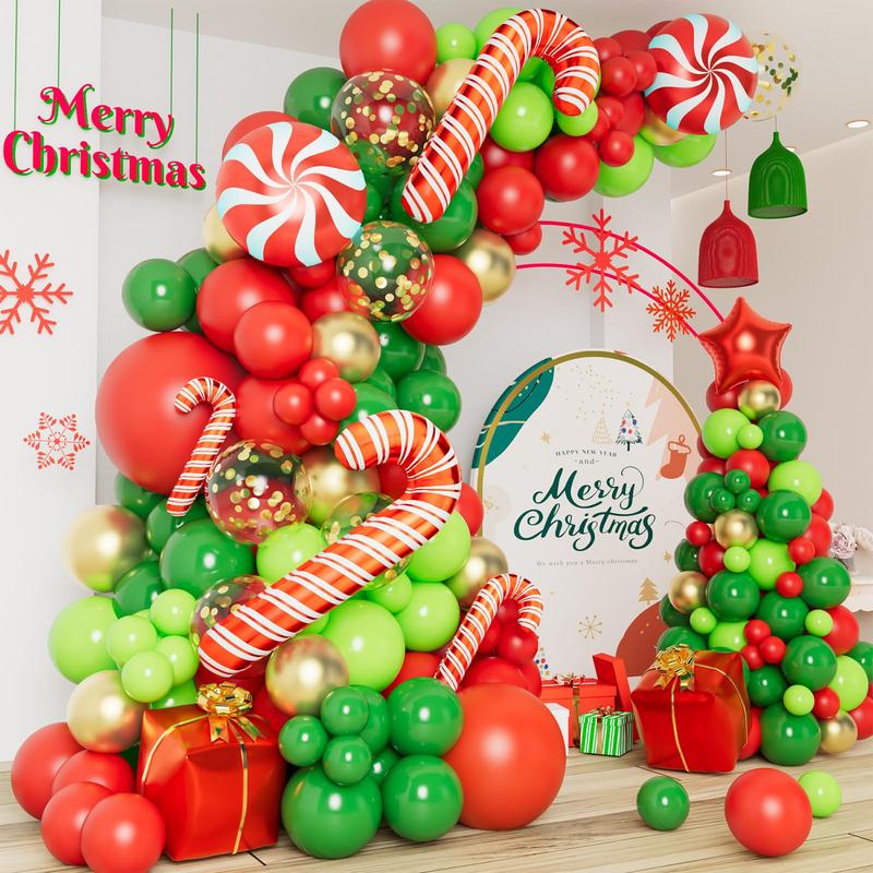 138 Pcs Christmas Balloon Garland Arch Kit, Red, Gold, Green Balloons, Candy Cane, Gift Box Foil for Xmas Party & Birthday Decorations