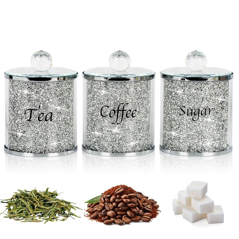 Coffee, Sugar,Tea Crystal Canister Set of 3,Sparkly Crushed Diamonds Home Decor,Silver Kitchen Storage Jars with Label and Lid,2024 Ornaments