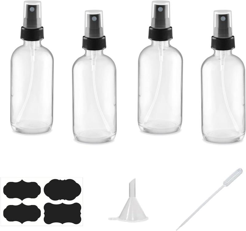 4 oz Clear Glass Spray Bottles for  Oils, Small Empty Fine Mist Spray Bottle,4 Pack with Funnel Dropper