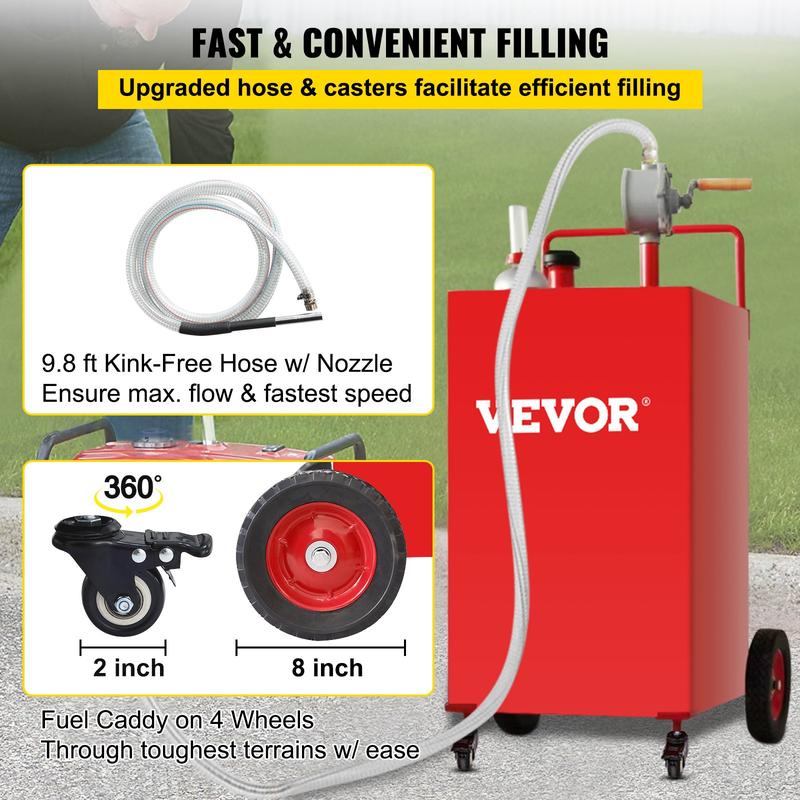 VEVOR Fuel Caddy, 30 35 Gallon, Gas Storage Tank on 4 Wheels, with Manuel Transfer Pump, Gasoline Diesel Fuel Container for Cars, Lawn Mowers, ATVs, Boats Bottles Organiser