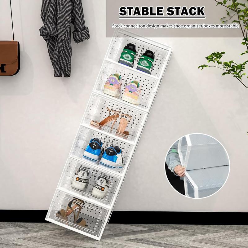 12 Pack Shoe Storage Bins, Clear Plastic Stackable Shoe Organizer for Closet, Space Saving Foldable Shoe Rack,  Sneaker Holder Container, Transparent