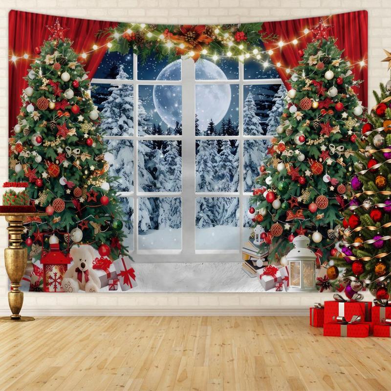 Christmas Themed Tapestry, 1 Count 3D Effect Window Design Photography Background Cloth, Party Decoration Background Banner for Festival School Office