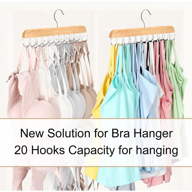 Bra Hanger for Closet, Tank Top Hanger 20 Hooks Capacity Foldable Wood Space Saving Hanger Closet Organizers and Storage for Dorm & Apartment for Tank Top, Bra, Scarf etc.