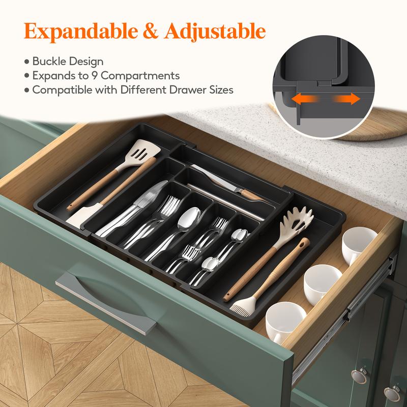 Lifewit 9 Compartments Expandable Silverware Drawer Organizer for Kitchen Drawers - Tableware, BPA-Free PP Material Boxes