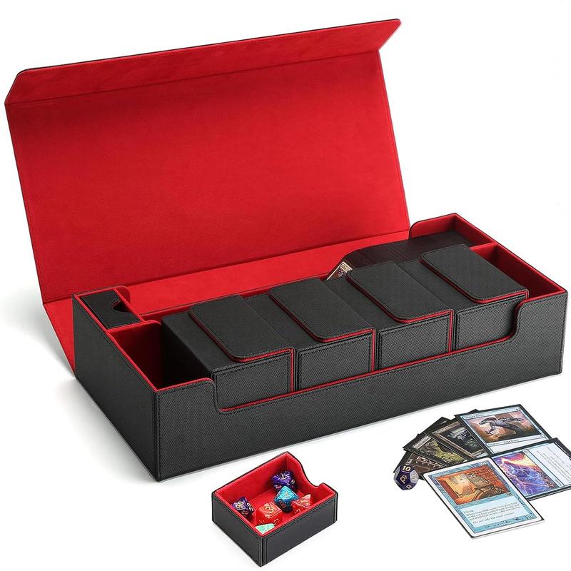 Premium Trading Card Storage Box TCG Deck Case Holds 800+ Sleeved Cards for , YuGiOh, Uno, TCG, Pokemon Cards, Sport Cards with Mat Case and Strong Magnet Closure (Black & Red) Leather Organiser