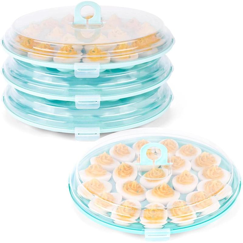 3PCS Deviled Egg Platter with Lid, 11.8in Blue Plastic Egg Keeper and Carrier with 22 Slots for Holidays Parties Home Kitchen