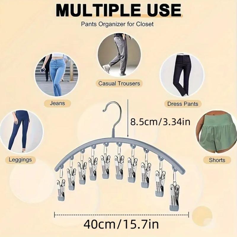 Pants Hanger with 10pcs Clothespins, Stainless Steel Hanger for Holding Leggings Jeans Hats, Household Space Saving for Organization