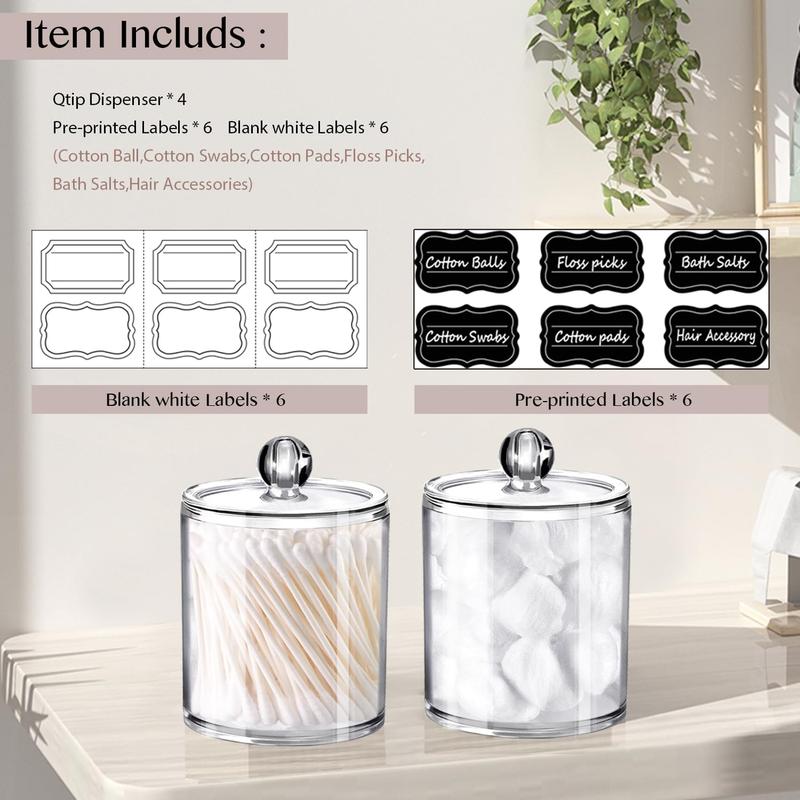 4 Pack Plastic Acrylic Bathroom Vanity Countertop Canister Jars with Storage Lid, Apothecary Jars Qtip Holder Makeup Organizer for Cotton Balls,Swabs,Pads,Bath Salts (Black, 12 Oz) Bottles Tin