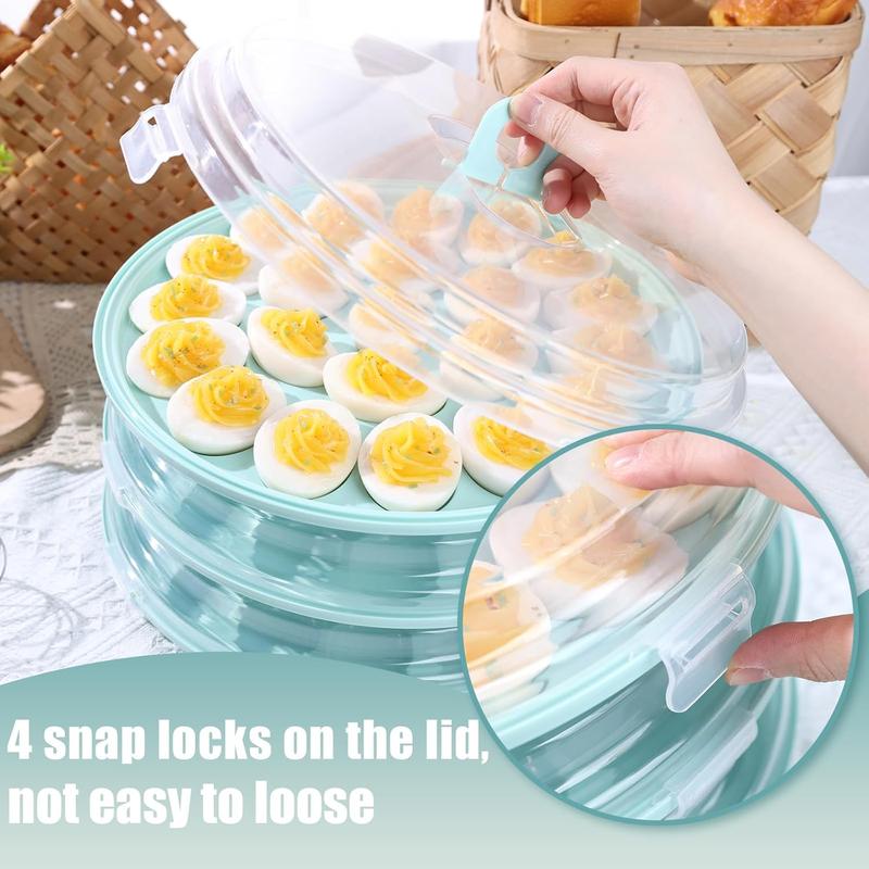 3PCS Deviled Egg Platter with Lid, 11.8in Blue Plastic Egg Keeper and Carrier with 22 Slots for Holidays Parties Home Kitchen