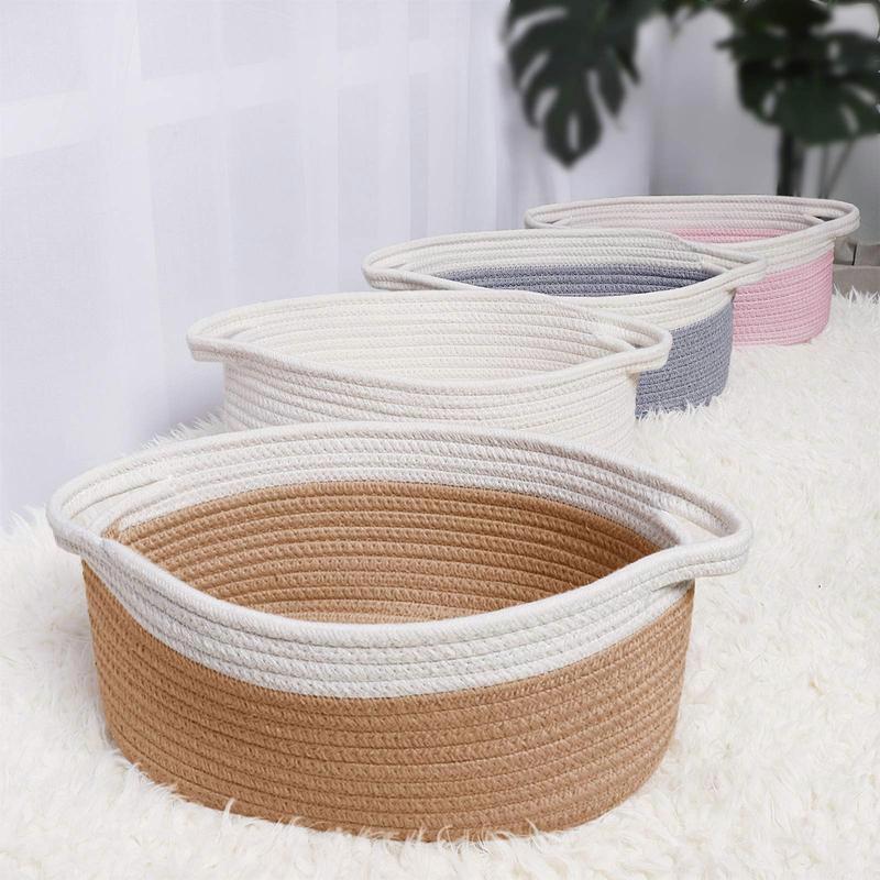 White Cute Small Woven Basket with Handles! 12x8x5, for Cat & Dog Toys, Empty Decorative Storage