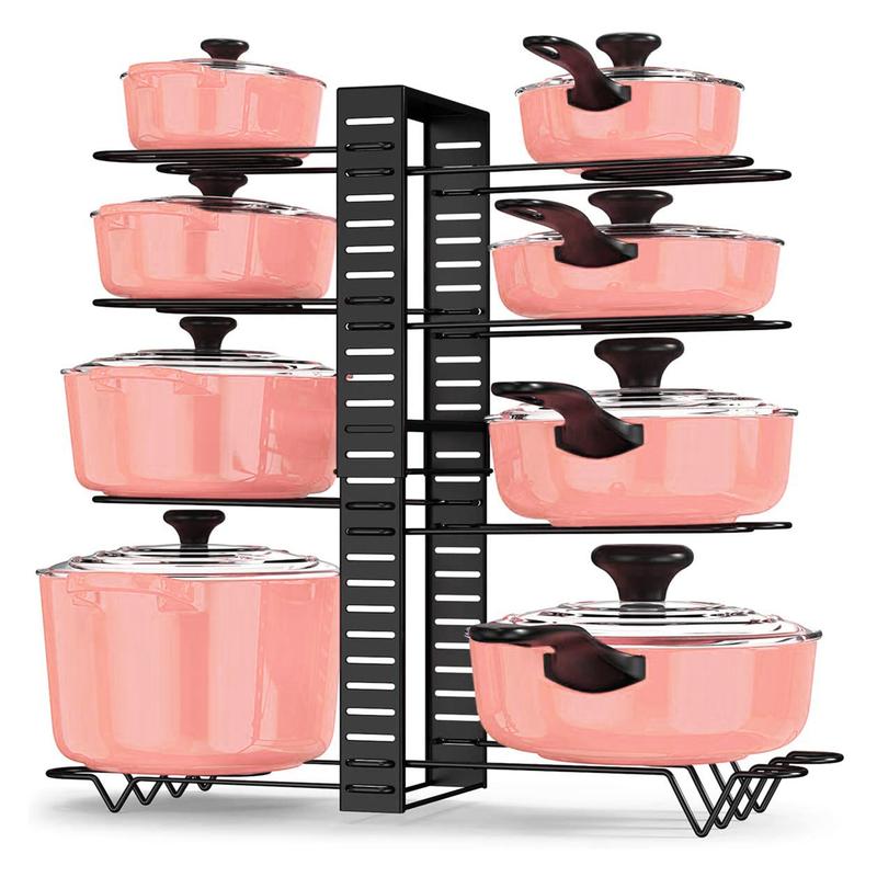 Pot Rack Organizers, 8 Tiers Pots and Pans Organizer for Kitchen Organization & Storage, Adjustable Pot Lid Holders & Pan Rack for Kitchen, Lid Organizer for Pots and Pans With 3 DIY Methods