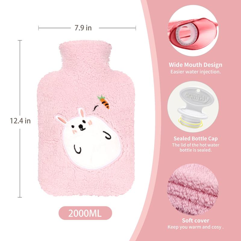 Hot Water Bottle with Cute Fleece Cover, 2Liter Water Bag for Hot and Cold Compress, Hand Feet Warmer, Neck and Shoulder Pain Relief, Grey Bear