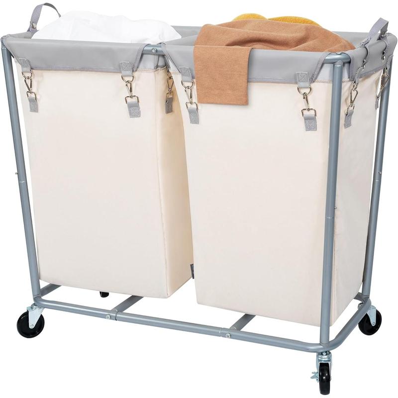 A Commercial Laundry Hamper with Heavy Duty Steel Frame, 240 L Industrial Laundry Basket Cart with Wheels for Hotel, Home, Laundry Room, 37.5''L x 17.1''W x 31.8''H, 2 Section Beige