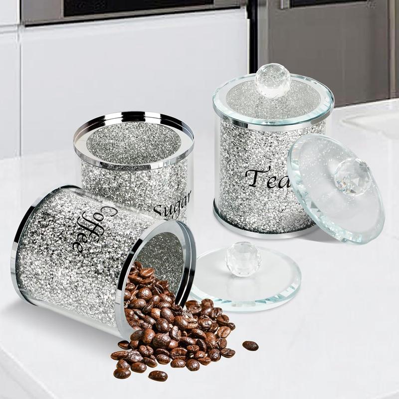 Coffee, Sugar,Tea Crystal Canister Set of 3,Sparkly Crushed Diamonds Home Decor,Silver Kitchen Storage Jars with Label and Lid,2024 Ornaments