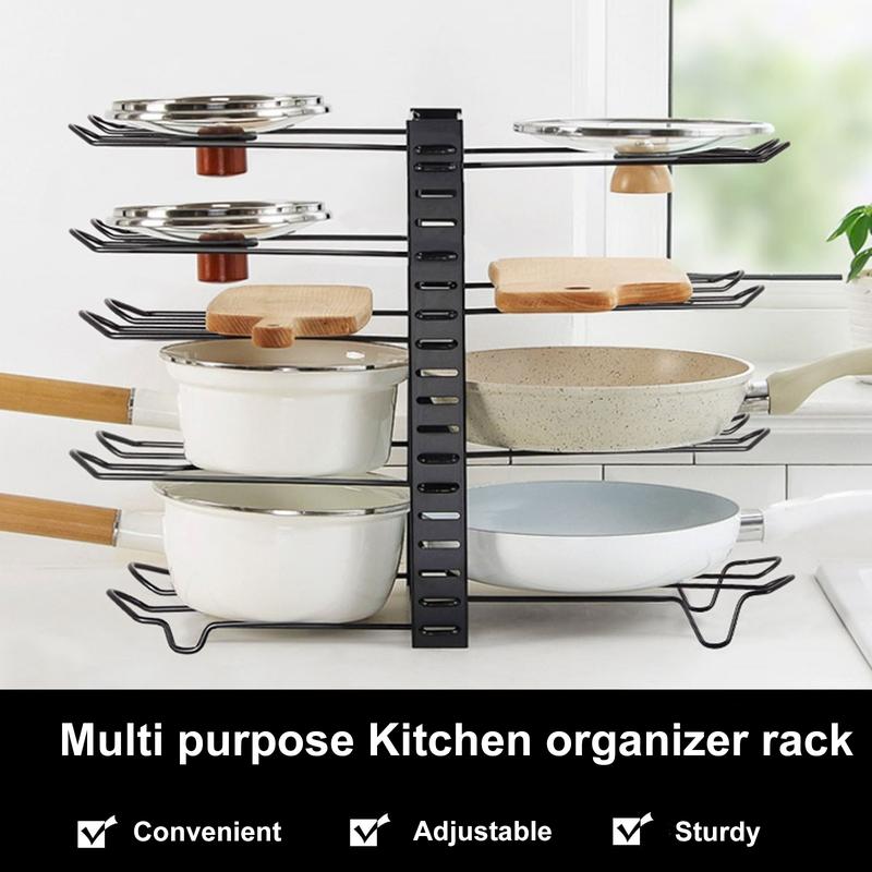 Pot Rack Organizers, 8 Tiers Pots and Pans Organizer for Kitchen Organization & Storage, Adjustable Pot Lid Holders & Pan Rack for Kitchen, Lid Organizer for Pots and Pans With 3 DIY Methods