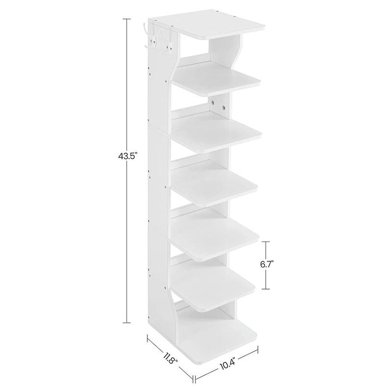 VASAGLE 7 Tier Vertical Shoe Rack, Narrow Shoe Storage Organizer with Hooks, Slim Wooden Corner Shoe Tower Rack, Robust and Durable, Space Saving for Entryway and Bedroom